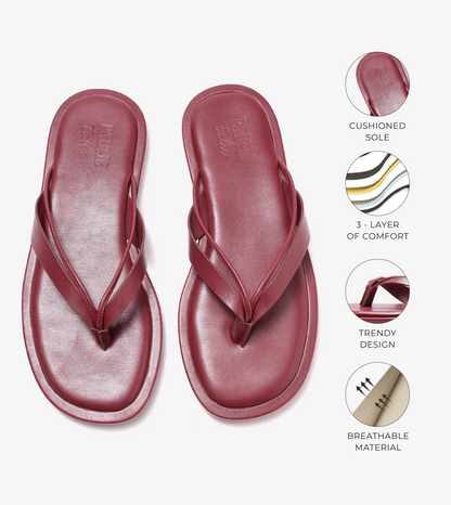 V-Strap Slide Flat Sandals - Maroon