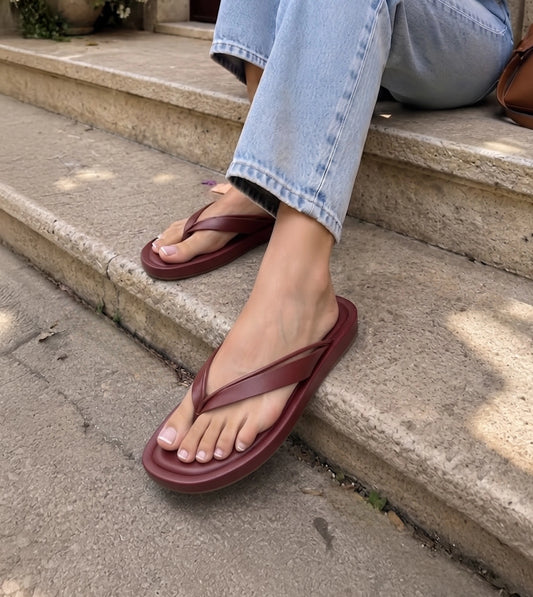 V-Strap Slide Flat Sandals - Maroon