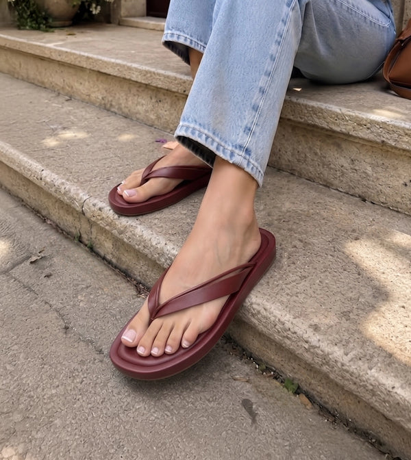 V-Strap Slide Flat Sandals - Maroon