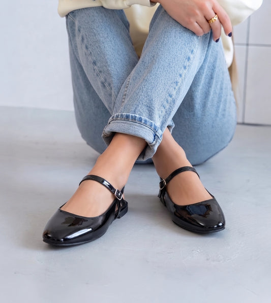 Patent Slingback Mary Janes Flat - Black