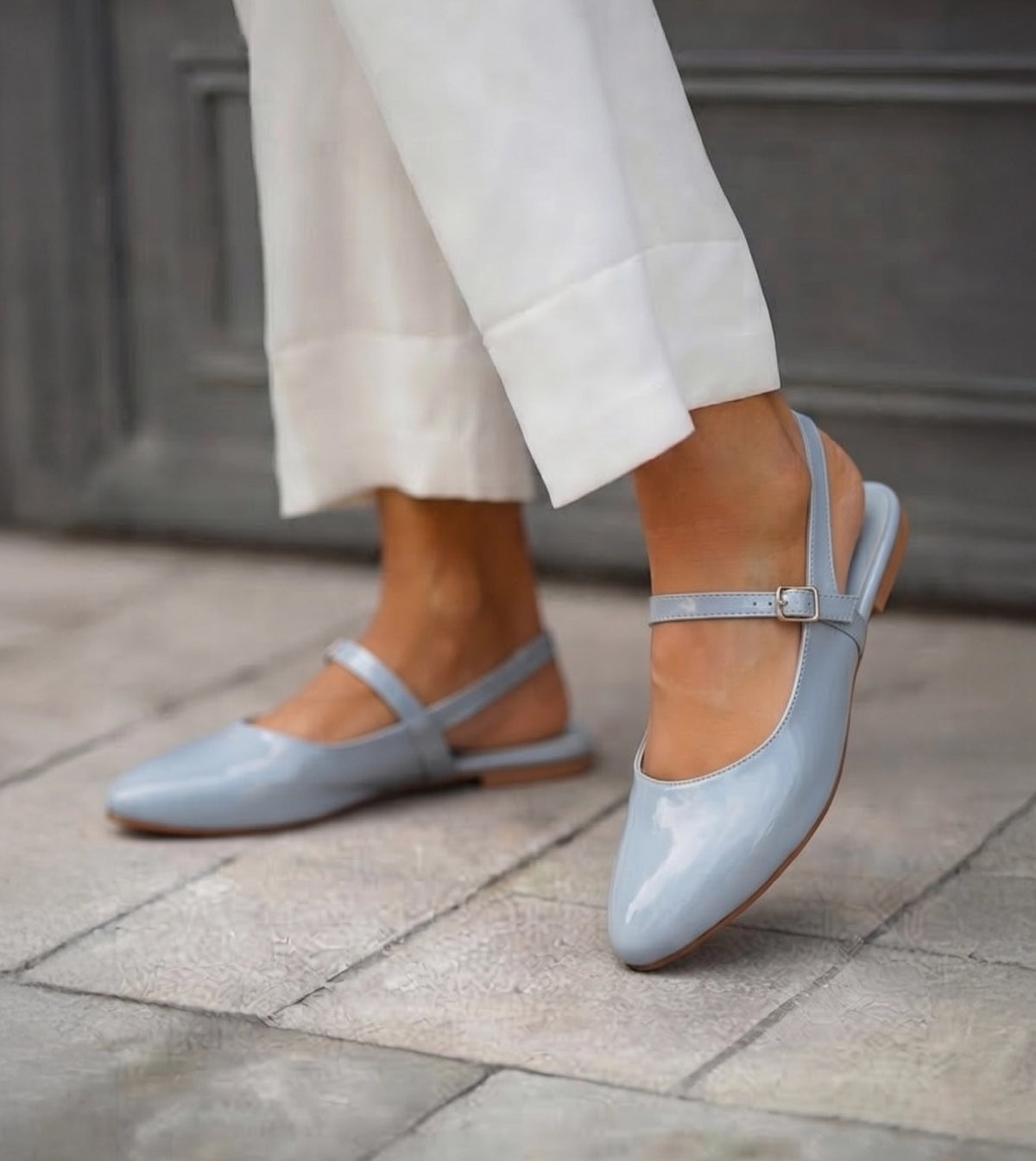 Patent Slingback Mary Janes Flat - Sky Blue