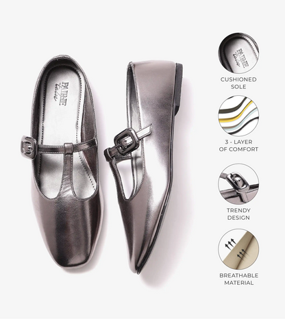 T-Strap Metallic Mary Janes Flats - Gunmetal