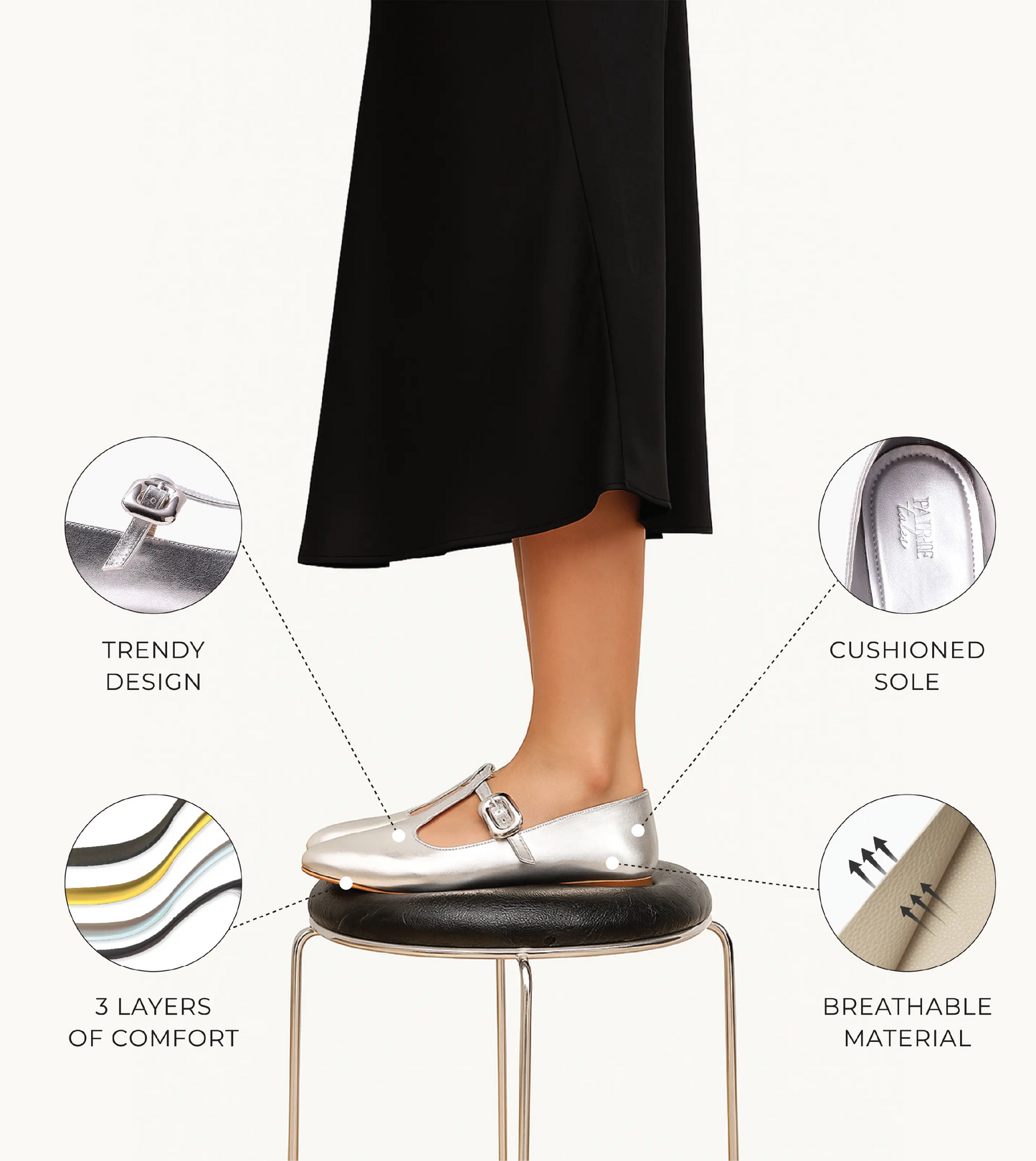 T-Strap Metallic Mary Janes Flats - Silver