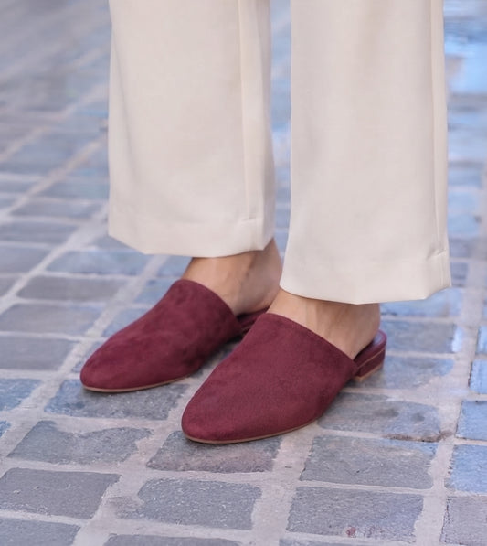 Velvet Pointed-Toe Mule Flats - Wine