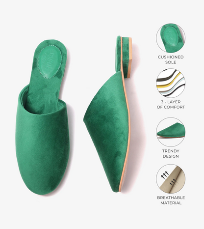 Velvet Pointed-Toe Mule Flats - Green