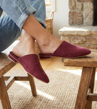 Velvet Pointed-Toe Mule Flats - Wine