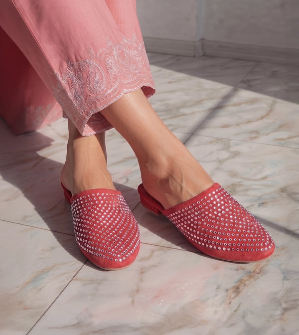 Crystal Red Slide-In Mules Flats - Red