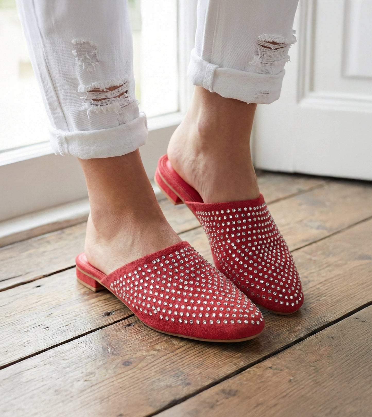 Crystal Red Slide-In Mules Flats - Red