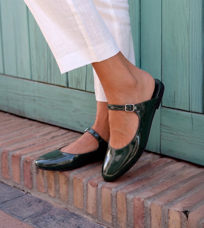 Patent Mules Flats - Dark Green