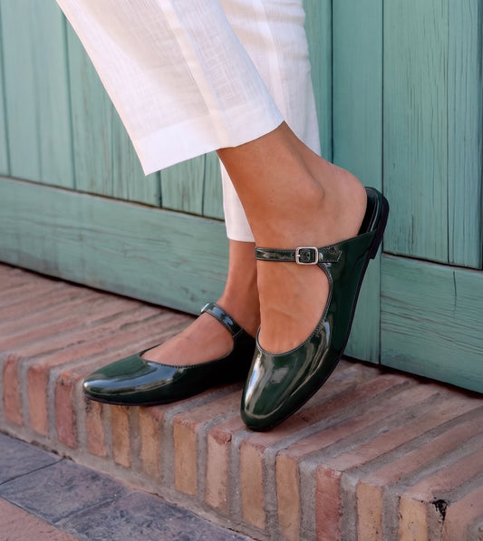 Patent Mules Flats - Dark Green