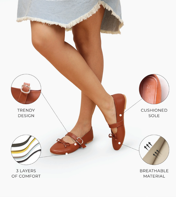 Buckled Mary Janes Ballet Flats - Tan