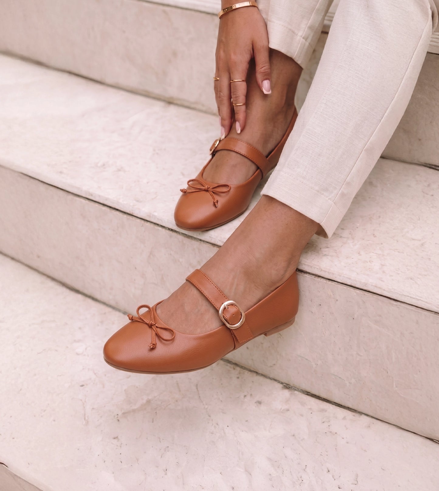 Buckled Mary Janes Ballet Flats - Tan