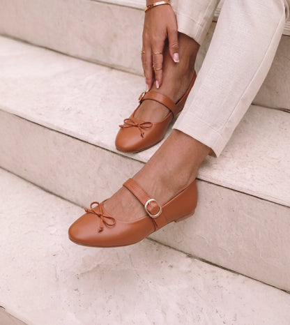 Buckled Mary Janes Ballet Flats - Tan