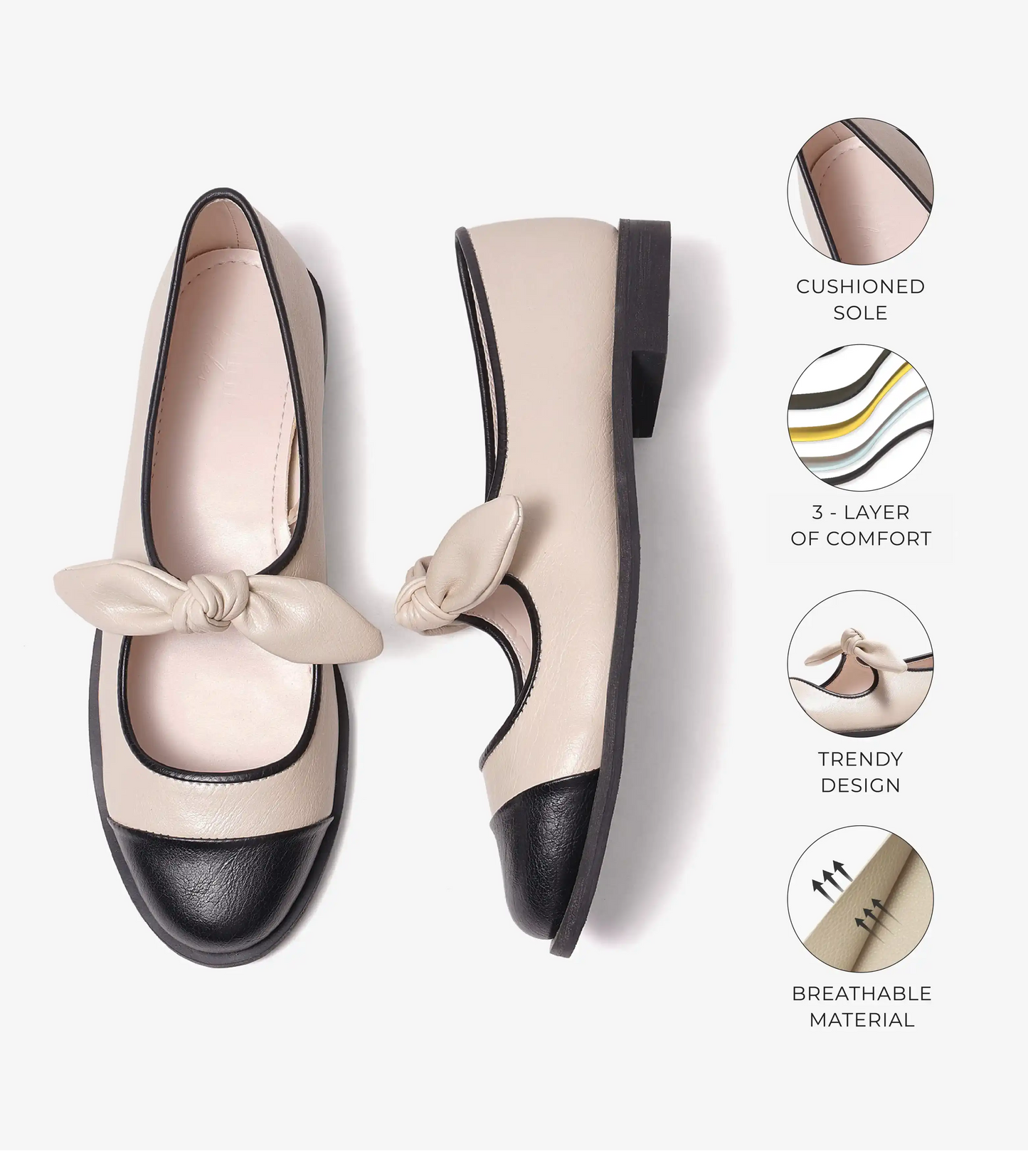 Bow Detail Cap-Toe Flats - Cream