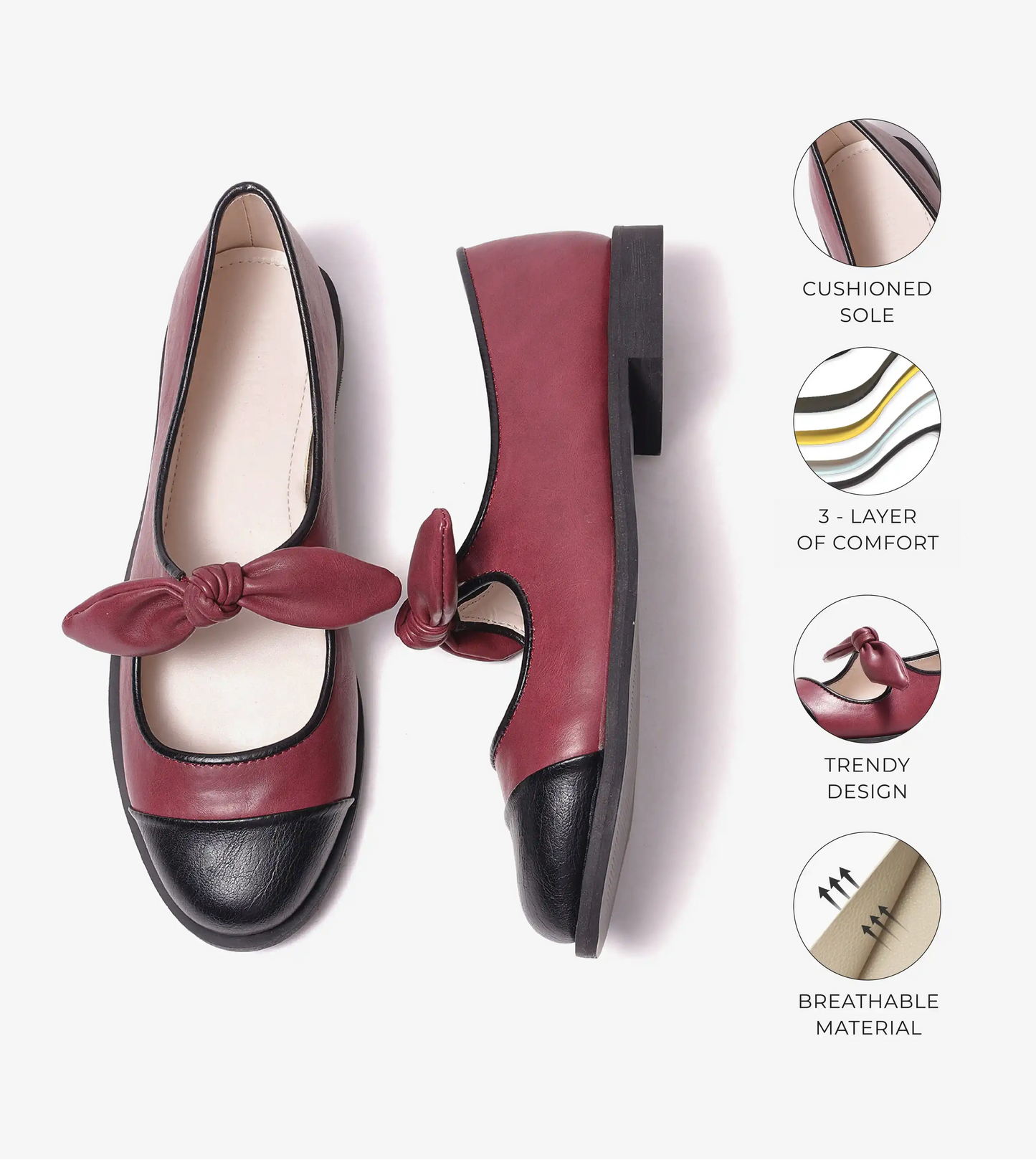 Bow Detail Cap-Toe Flats - Wine