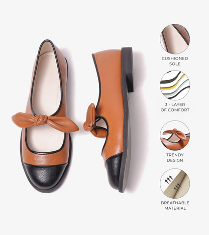 Bow Detail Cap-Toe Flats - Tan