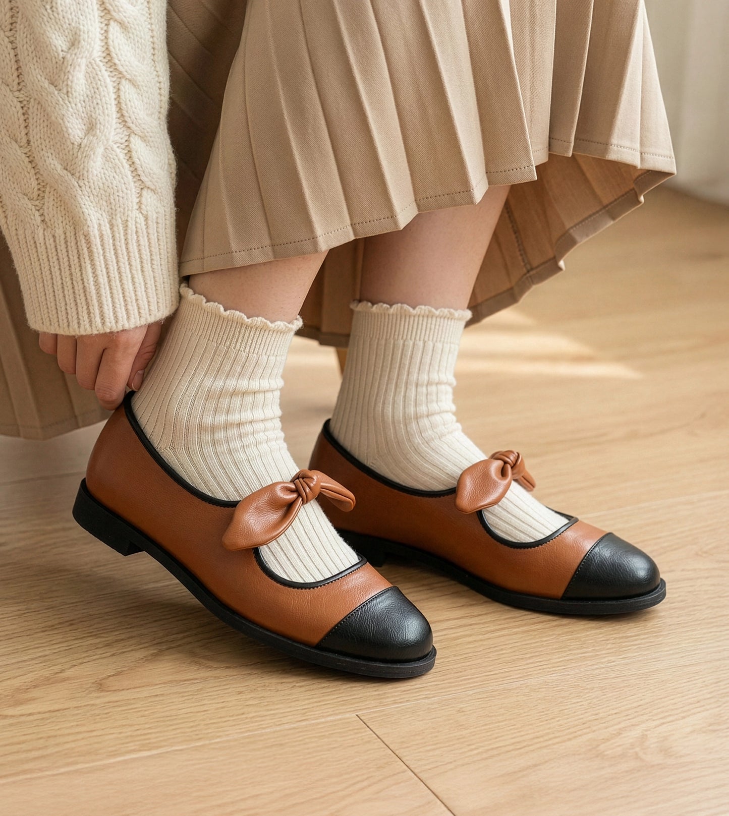 Bow Detail Cap-Toe Flats - Tan