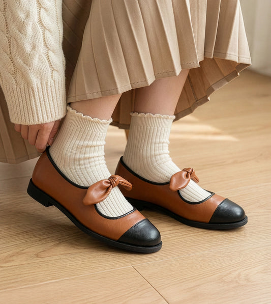 Bow Detail Cap-Toe Flats - Tan
