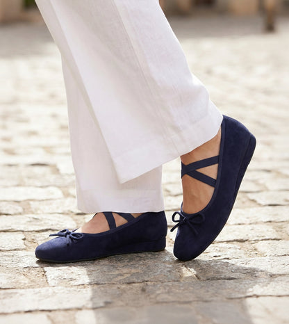 Velvet Mary Jane Flats - Navy Blue