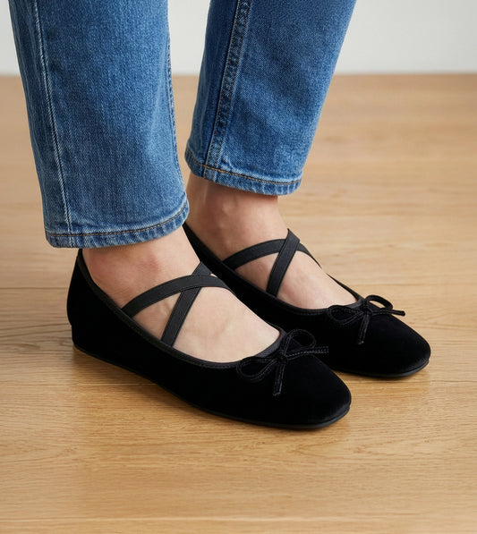 Velvet Mary Jane Flats - Black