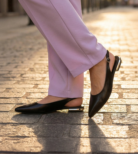 Pointed Toe Slingback Flats - Black