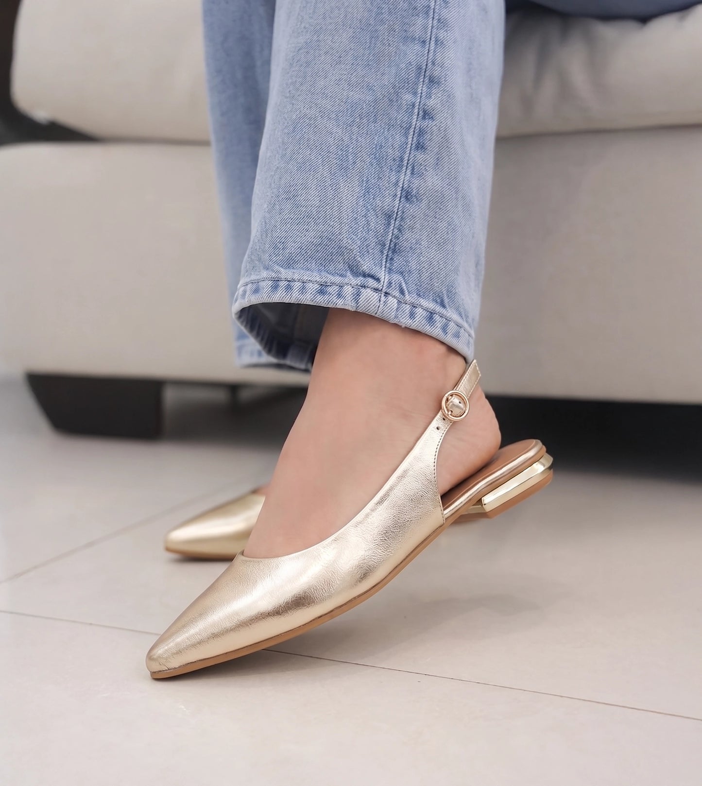 Pointed Toe Slingback Flats - Gold