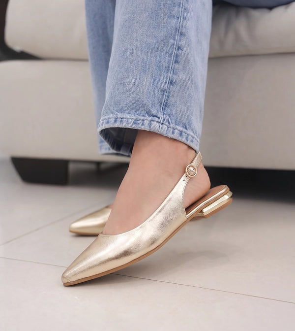 Pointed Toe Slingback Flats - Gold