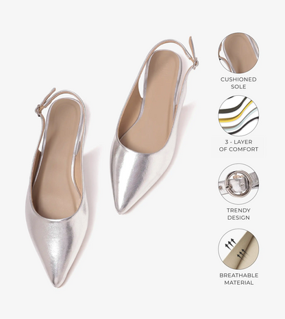 Pointed Toe Slingback Flats - Silver