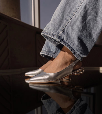 Pointed Toe Slingback Flats - Silver