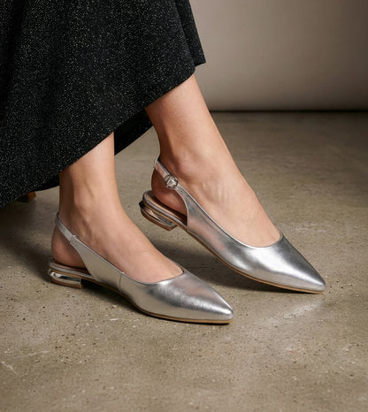 Pointed Toe Slingback Flats - Silver