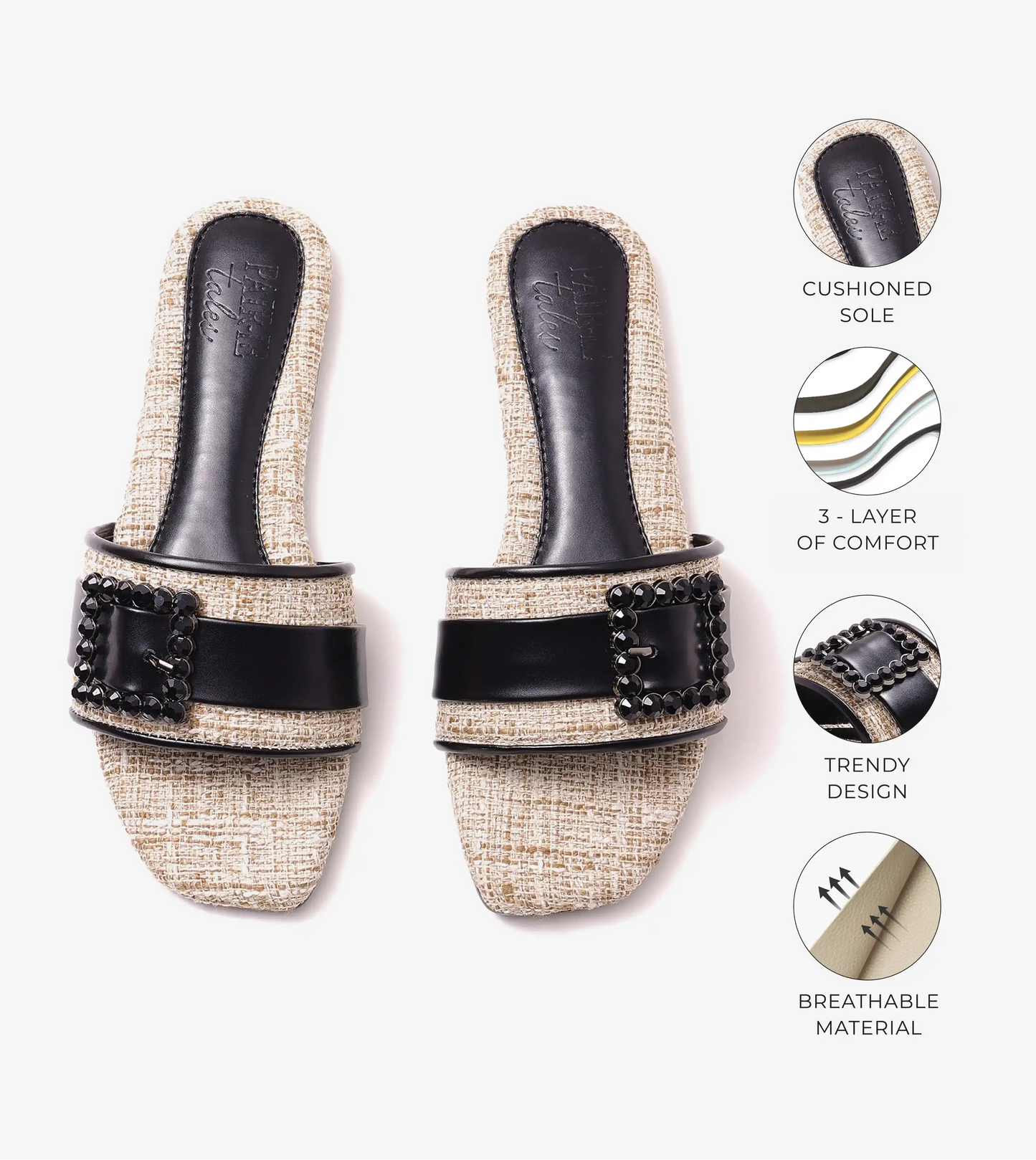 Embellished Buckle Slip-On Flats - Beige