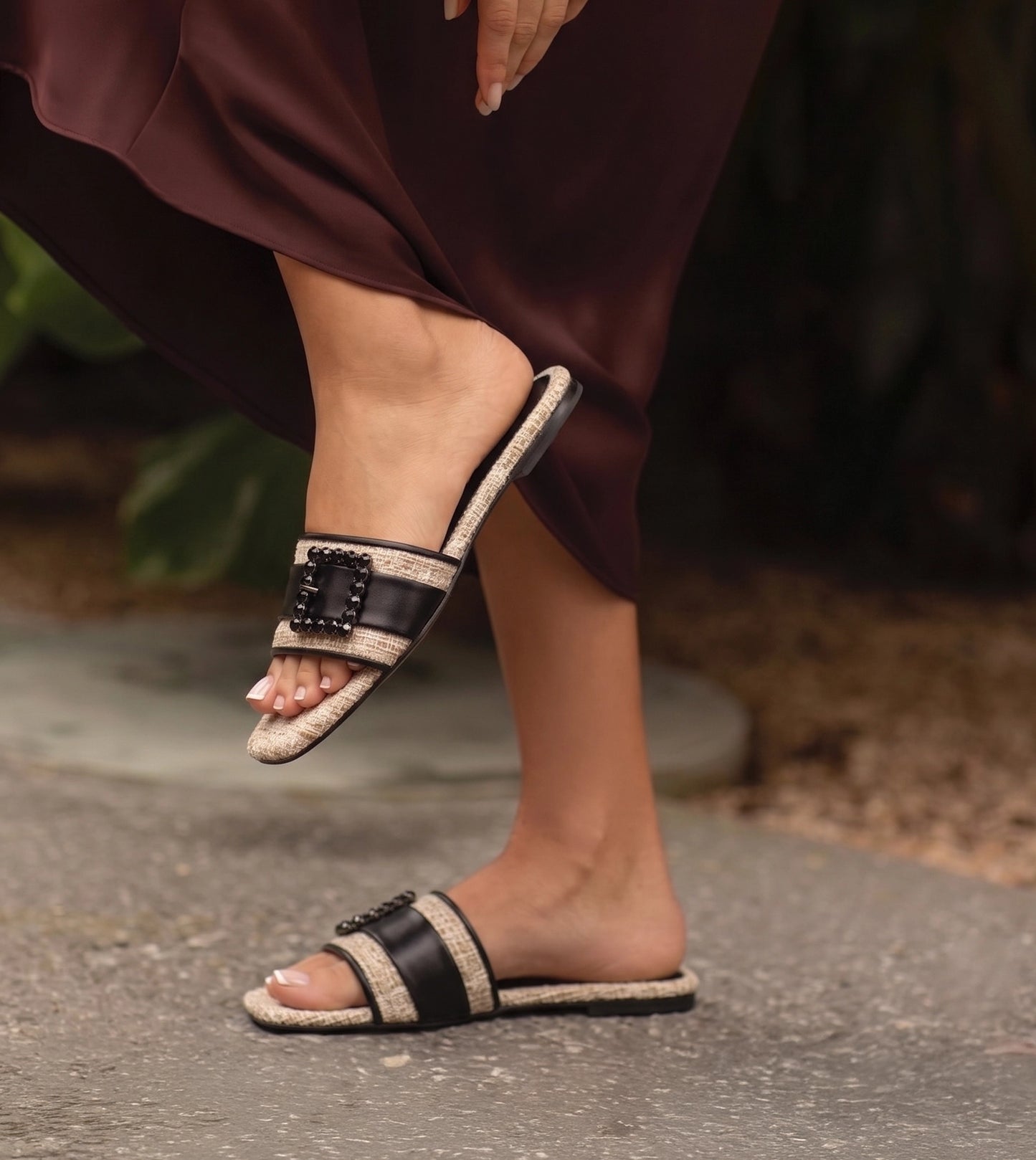 Embellished Buckle Slip-On Flats - Beige