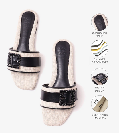 Embellished Buckle Slip-On Flats - Cream