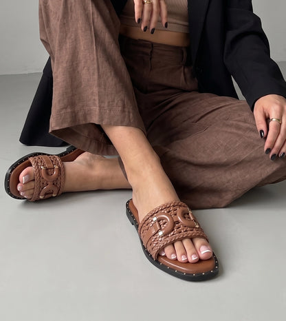 Woven Buckle Detail Slide Flats -Tan