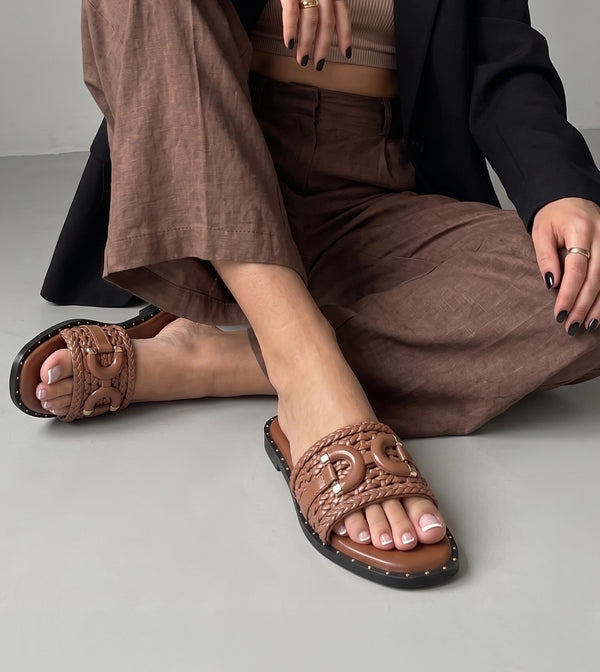 Woven Buckle Detail Slide Flats -Tan