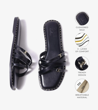 Multi-Strap Flats with Gold Accent - Black