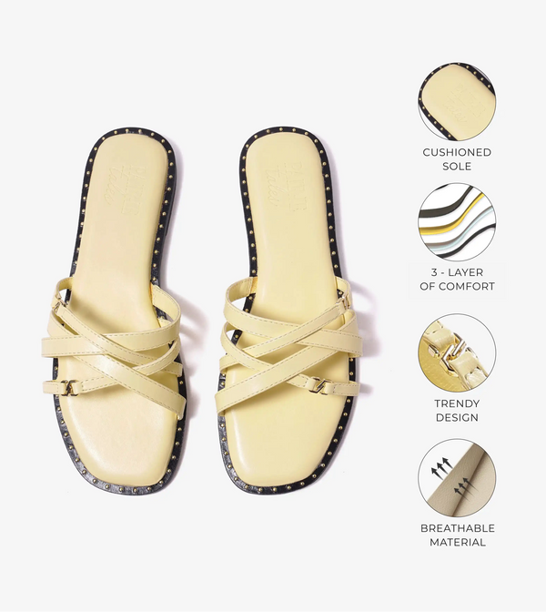 Multi-Strap Flats with Gold Accent - Butter Yellow