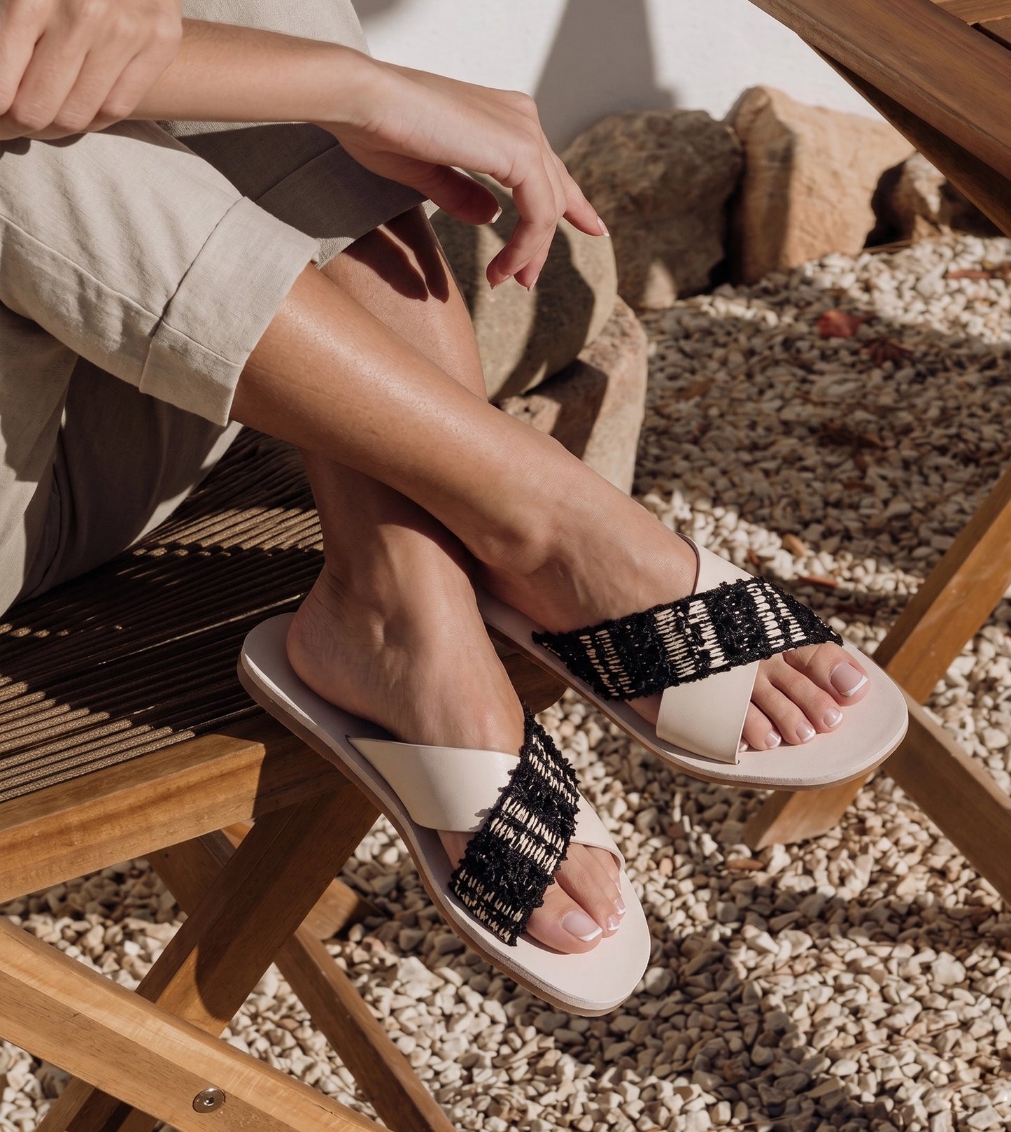 Textured Cross-Strap Flats Slides - Beige
