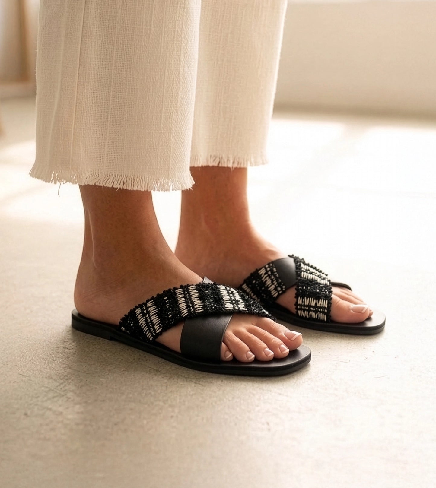 Textured Cross-Strap Flats Slides - Black