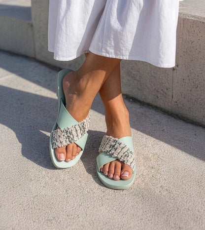 Textured Cross-Strap Flats Slides - Light Green