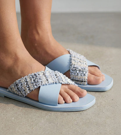 Textured Cross-Strap Flats Slides - Sky Blue