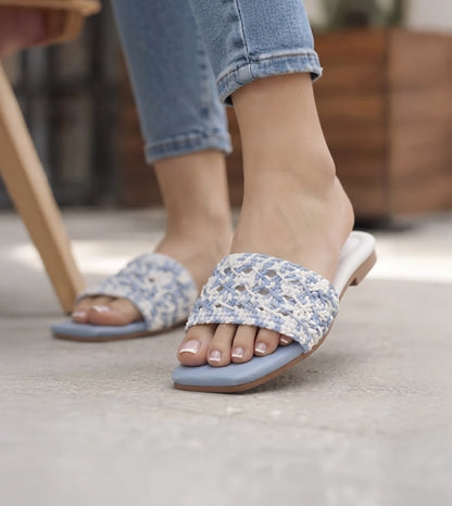 Textured Strap Slides Flat Sandal - Sky Blue