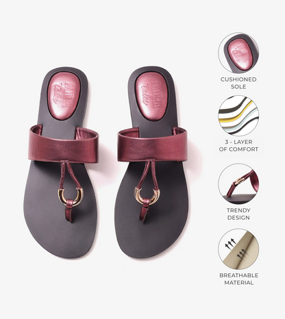 Color Block T-strap Flats - Metallic Maroon