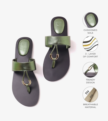 Color Block T-strap Flats - Metallic Green