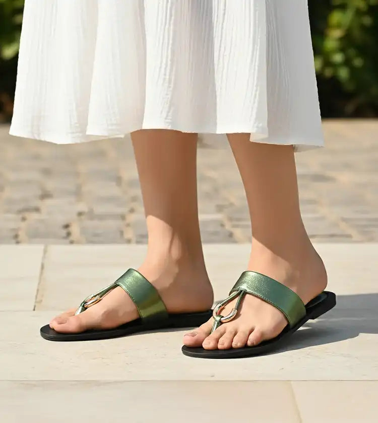 Color Block T-strap Flats - Metallic Green