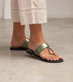 Color Block T-strap Flats - Metallic Green