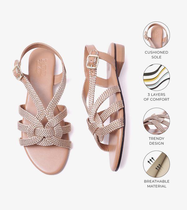 Entwined Woven Strap Flats Sandal - Beige