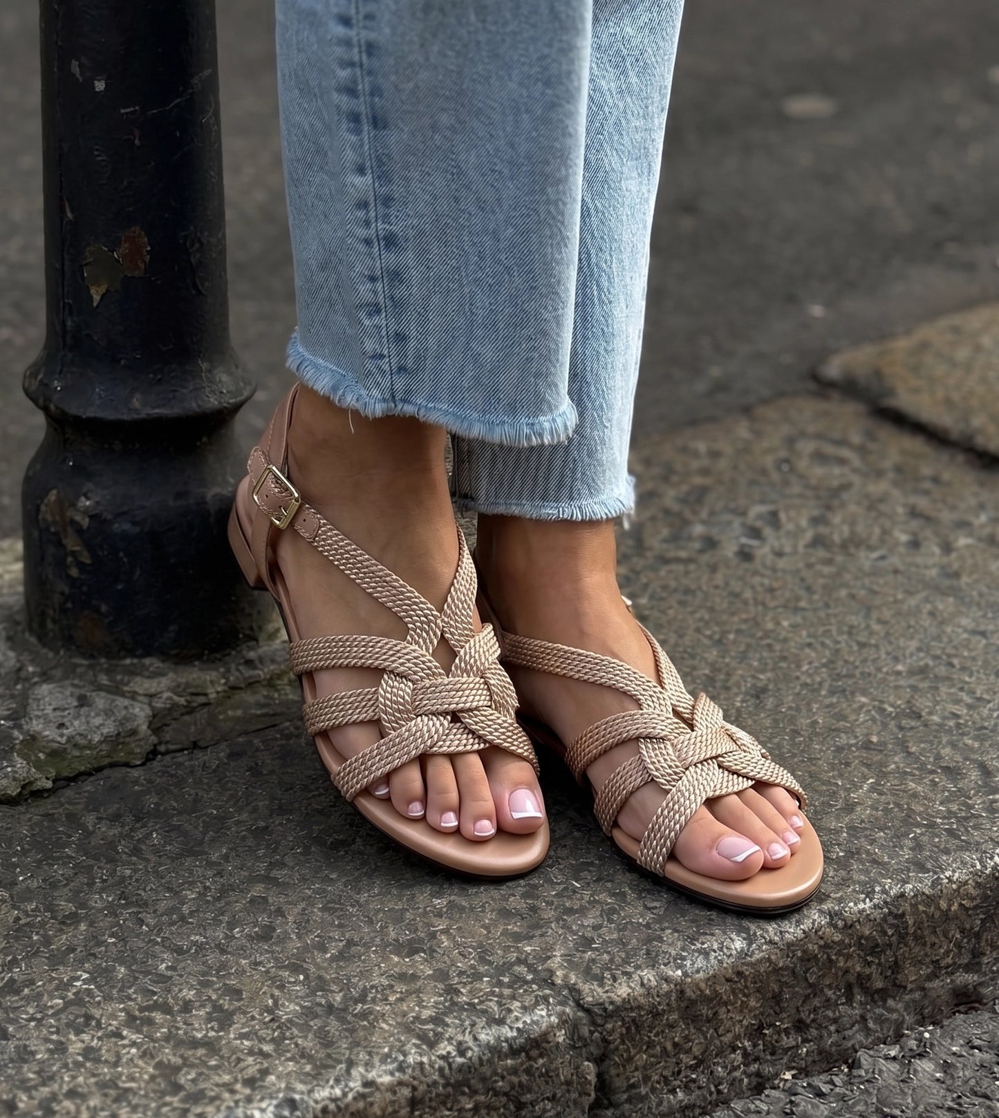 Entwined Woven Strap Flats Sandal - Beige