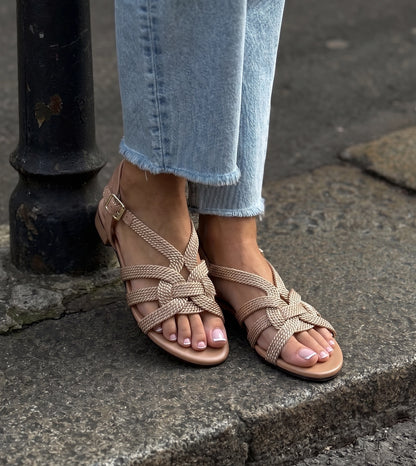 Entwined Woven Strap Flats Sandal - Beige