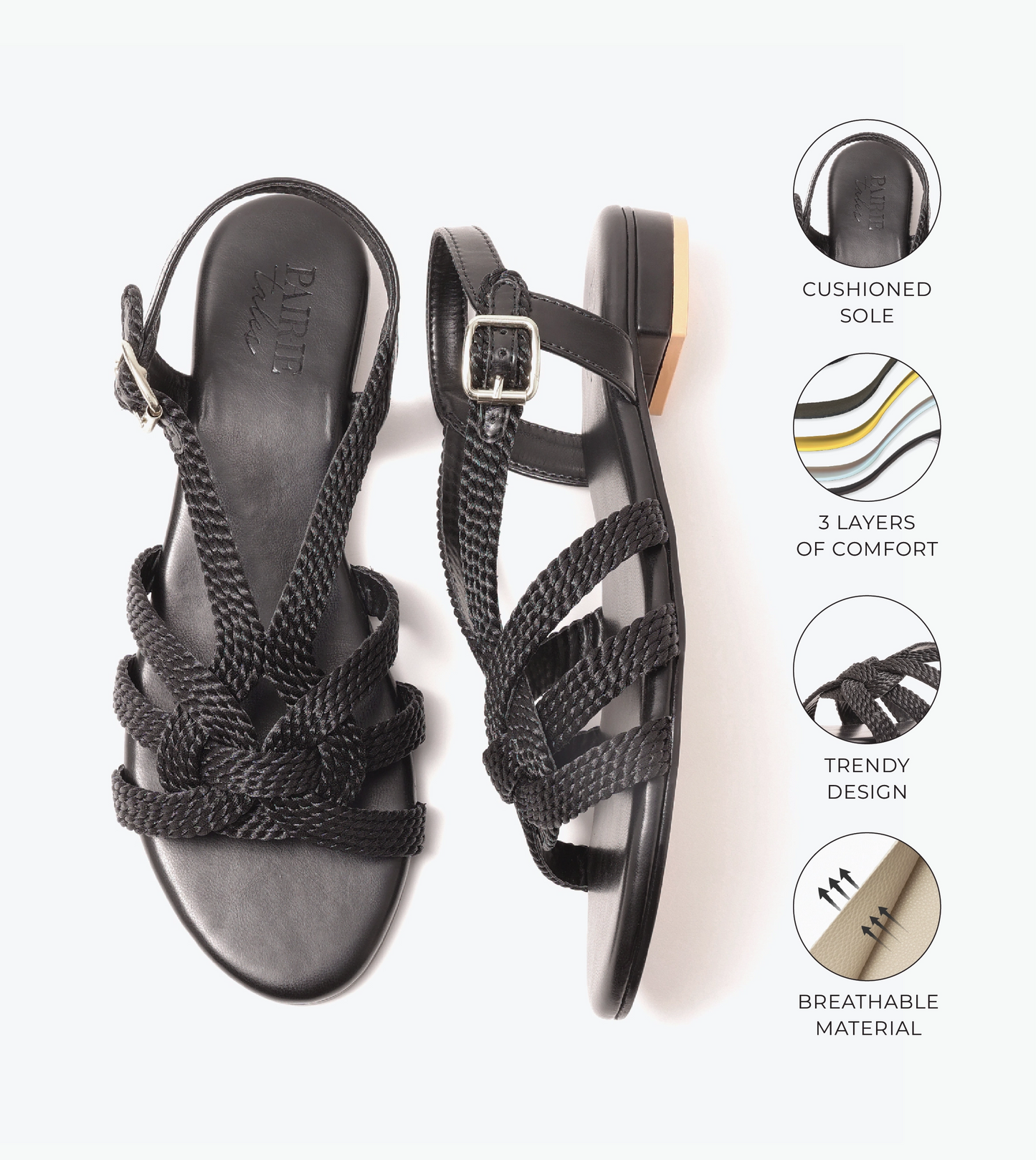 Entwined Woven Strap Flats Sandal - Black